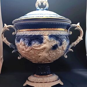 Italian pedestal oval porcelain hand-made cherub bowl/tureen.Discounted, cracked